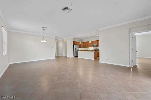 unfurnished living room with light tile patterned floors, crown molding, and a chandelier