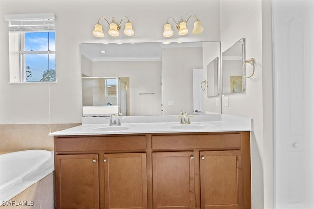 bathroom featuring vanity, plus walk in shower, and ornamental molding