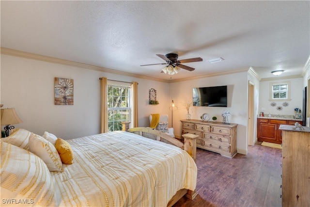 bedroom with a textured ceiling, ceiling fan, ornamental molding, and dark wood-type flooring