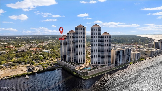 aerial view featuring a water view