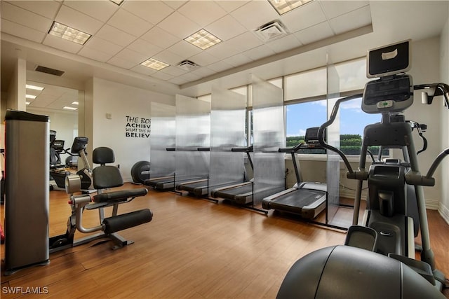 gym featuring wood-type flooring and a paneled ceiling