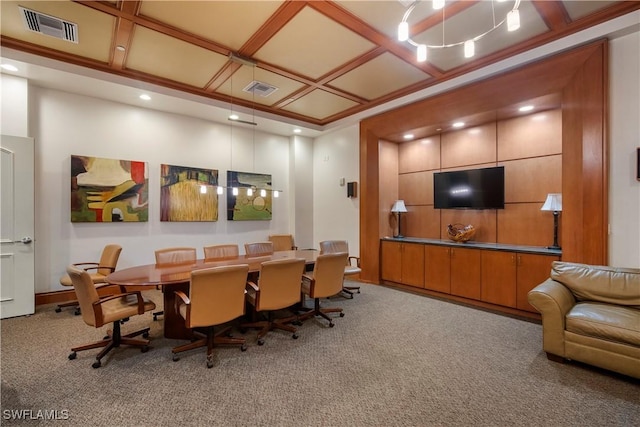 dining space featuring light carpet and coffered ceiling