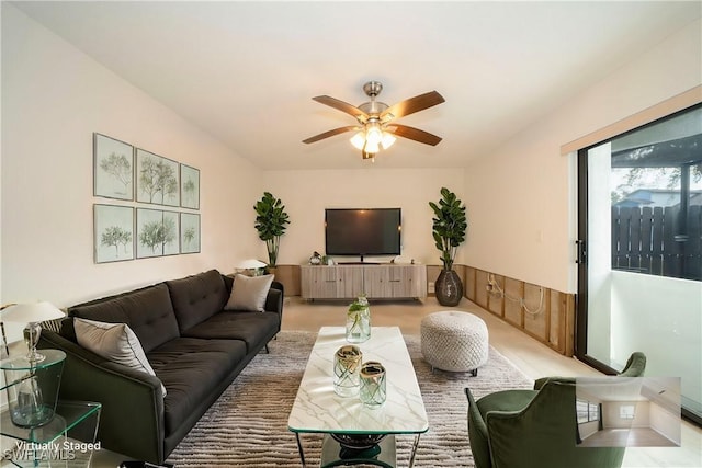 living room featuring ceiling fan