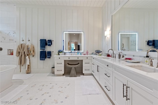 bathroom with tile patterned flooring, vanity, a bathing tub, and wooden ceiling