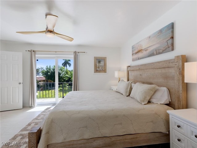 bedroom with access to exterior and ceiling fan