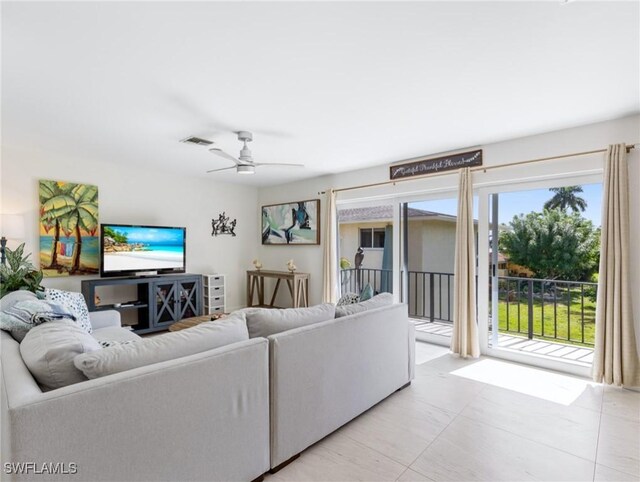 living room featuring ceiling fan