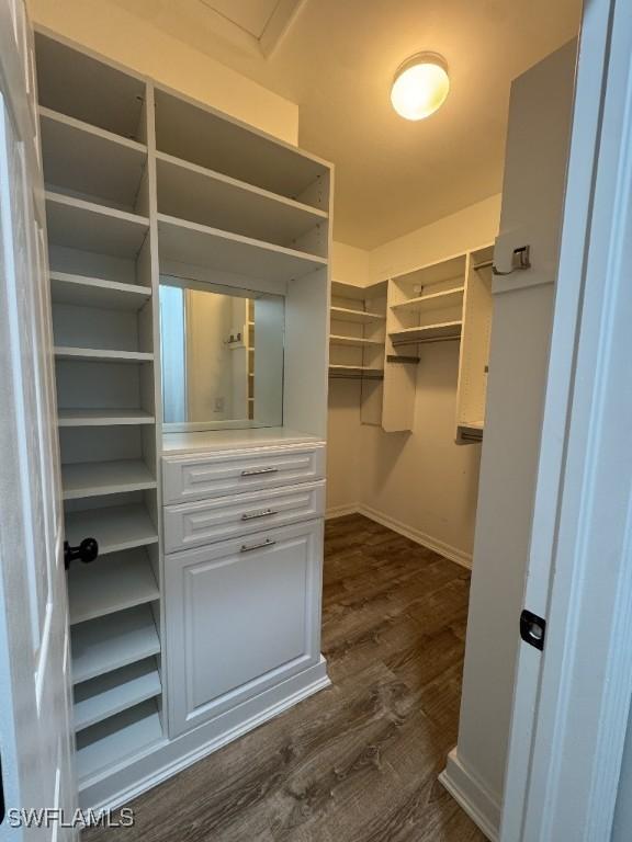 walk in closet with dark wood-type flooring