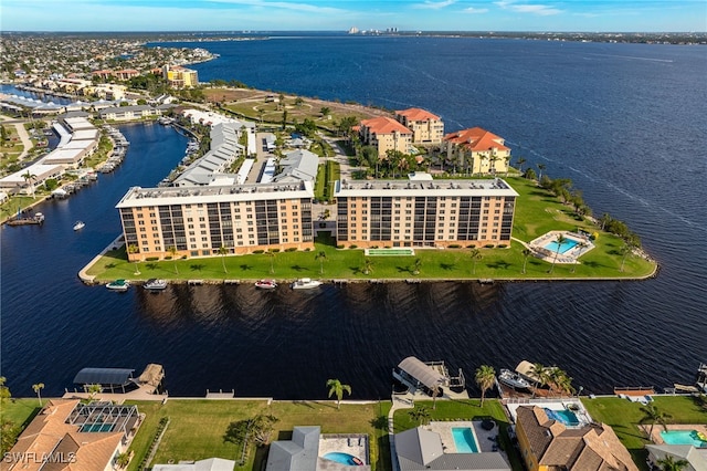 drone / aerial view with a water view