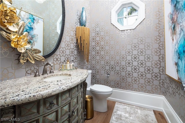 bathroom with vanity, hardwood / wood-style flooring, and toilet