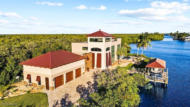 bird's eye view with a water view