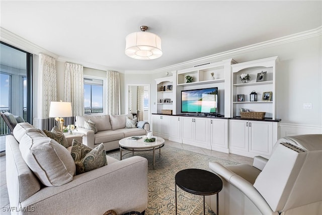 tiled living room with crown molding