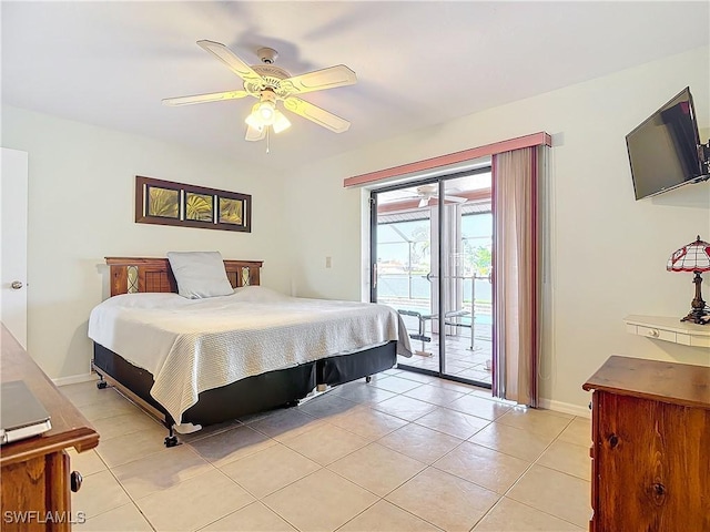 tiled bedroom featuring access to exterior and ceiling fan