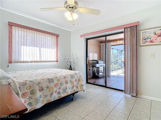 bedroom featuring ceiling fan, light tile patterned floors, and access to outside