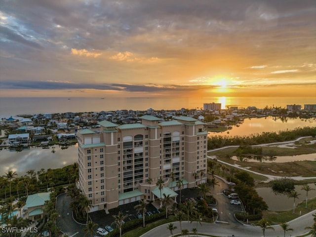 exterior space with a water view