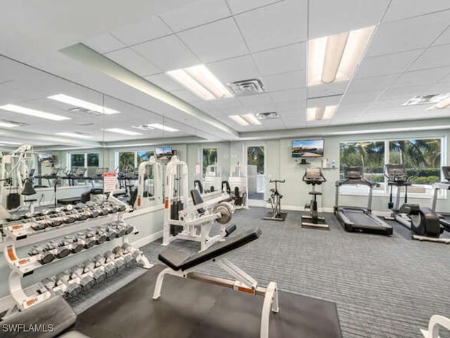 workout area with carpet flooring, a drop ceiling, and a healthy amount of sunlight