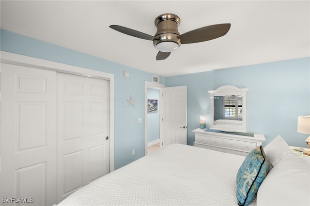 bedroom with ceiling fan and a closet