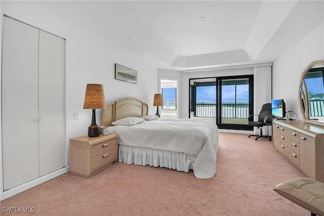 carpeted bedroom featuring a closet, access to exterior, and a tray ceiling