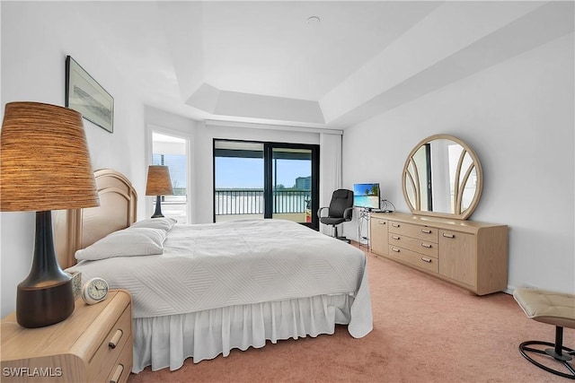 carpeted bedroom featuring access to exterior and a tray ceiling