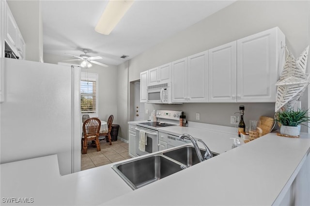 kitchen with white cabinets, kitchen peninsula, sink, and white appliances