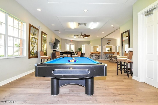 playroom featuring ceiling fan, light hardwood / wood-style flooring, and pool table