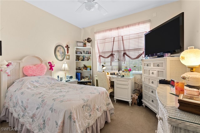 bedroom with carpet flooring, multiple windows, and ceiling fan