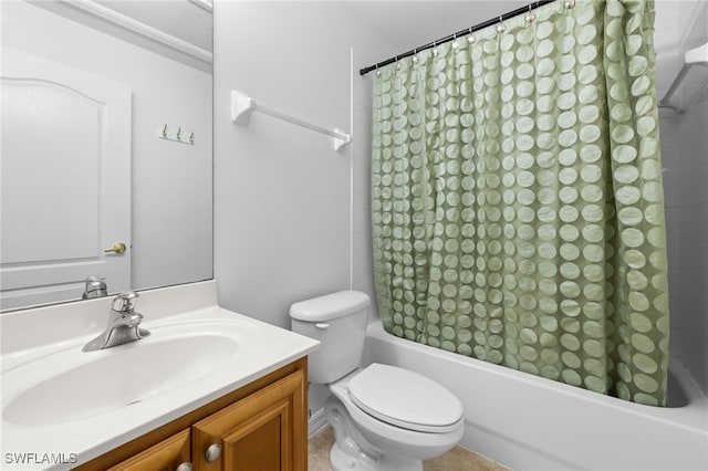 full bathroom with vanity, shower / bath combination with curtain, and toilet