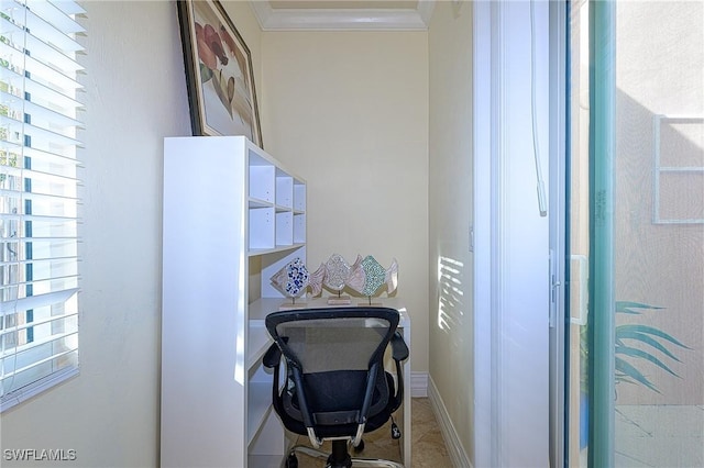 office area with ornamental molding