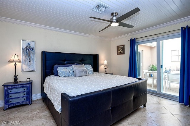 tiled bedroom featuring access to outside, ceiling fan, and ornamental molding