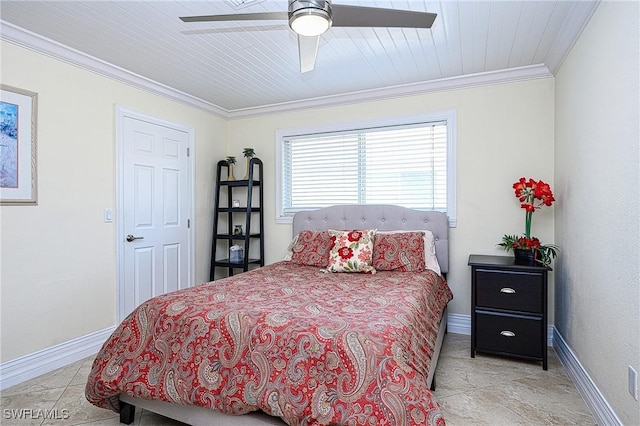 bedroom with ceiling fan, ornamental molding, and wooden ceiling