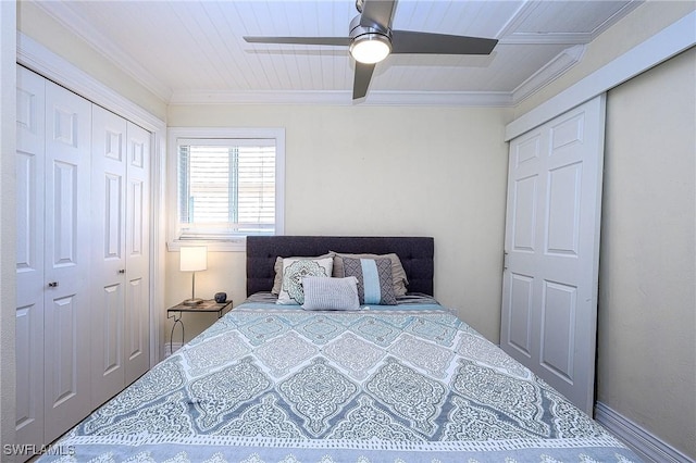 bedroom featuring wooden ceiling, ceiling fan, and crown molding