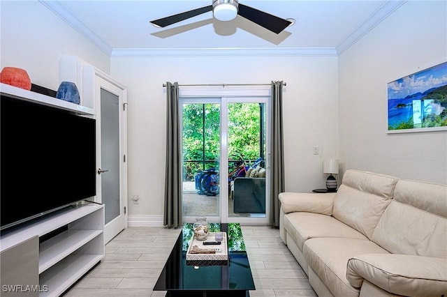 living room with ornamental molding