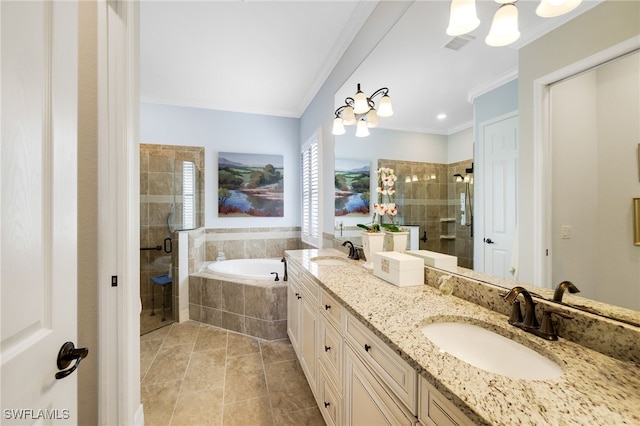 bathroom with tile patterned flooring, shower with separate bathtub, vanity, and crown molding