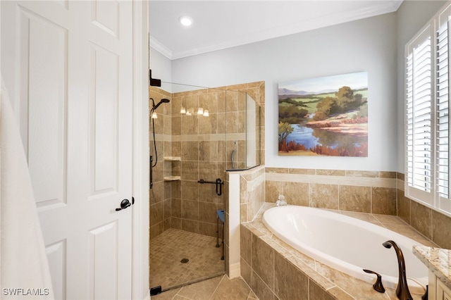 bathroom with crown molding, tile patterned flooring, and plus walk in shower