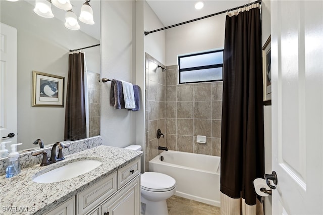 full bathroom with tile patterned flooring, vanity, toilet, and shower / bathtub combination with curtain