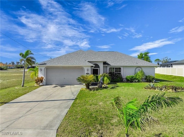 ranch-style home with a front yard and a garage