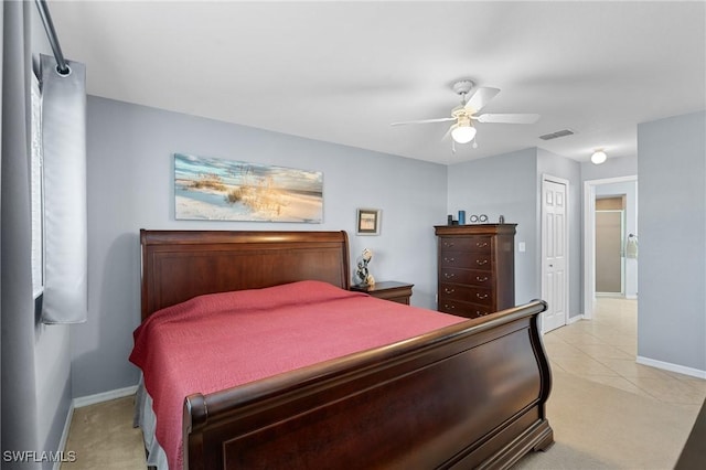 bedroom featuring ceiling fan and a closet