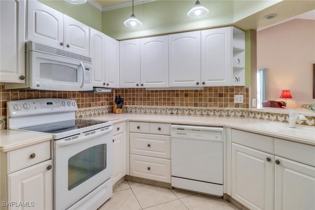 kitchen featuring white cabinets, pendant lighting, white appliances, and backsplash