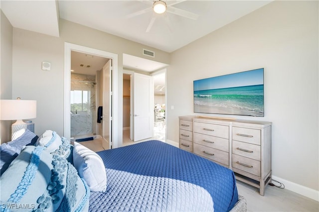 bedroom with ceiling fan and connected bathroom