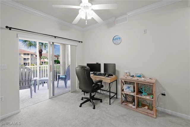 office area with light carpet, crown molding, and ceiling fan