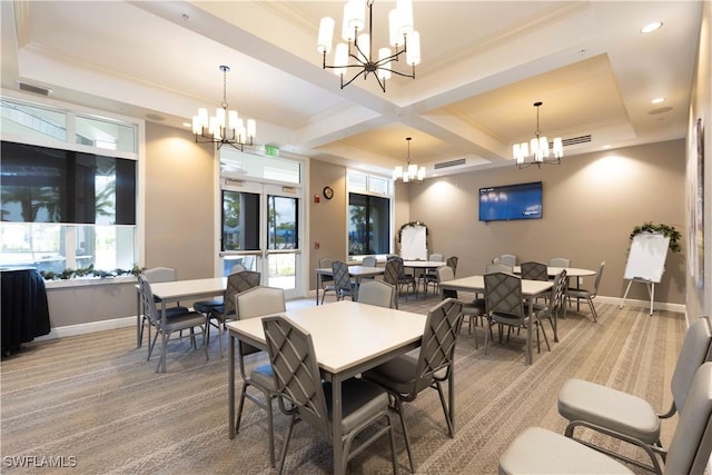 dining room with beam ceiling, crown molding, light carpet, and coffered ceiling