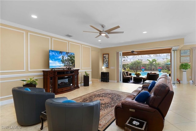 tiled living room featuring a fireplace and ornamental molding