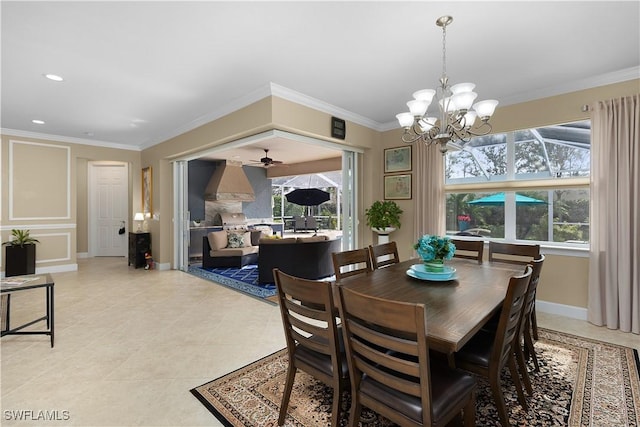 dining area featuring light tile patterned floors, ceiling fan with notable chandelier, a wealth of natural light, and crown molding