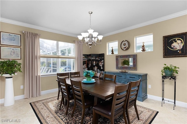 dining room with a chandelier, crown molding, and light tile patterned flooring