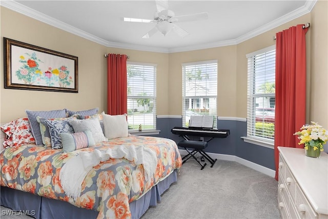 bedroom with ceiling fan, light colored carpet, and ornamental molding