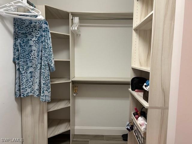 walk in closet with dark hardwood / wood-style flooring