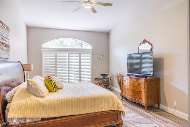 bedroom featuring ceiling fan and light wood-type flooring