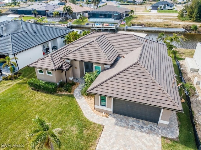 drone / aerial view featuring a water view