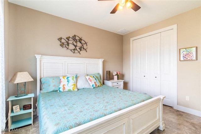 bedroom with ceiling fan and a closet