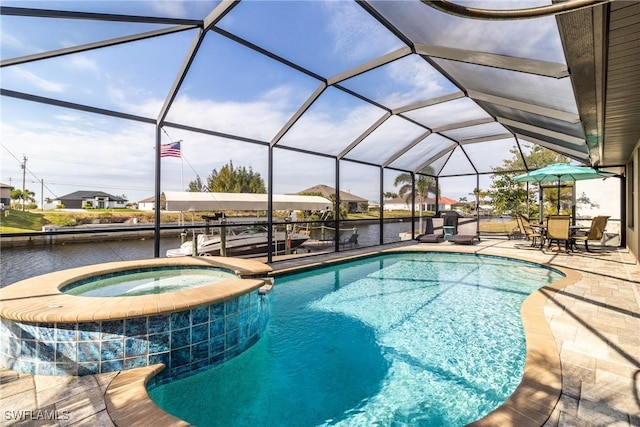 view of swimming pool with a water view, an in ground hot tub, a lanai, and a patio area