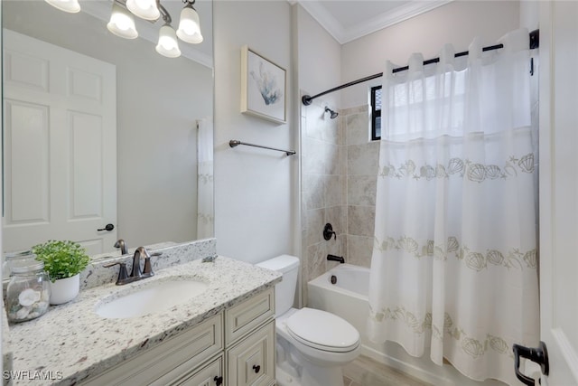 full bathroom with ornamental molding, toilet, shower / bath combo with shower curtain, vanity, and hardwood / wood-style flooring